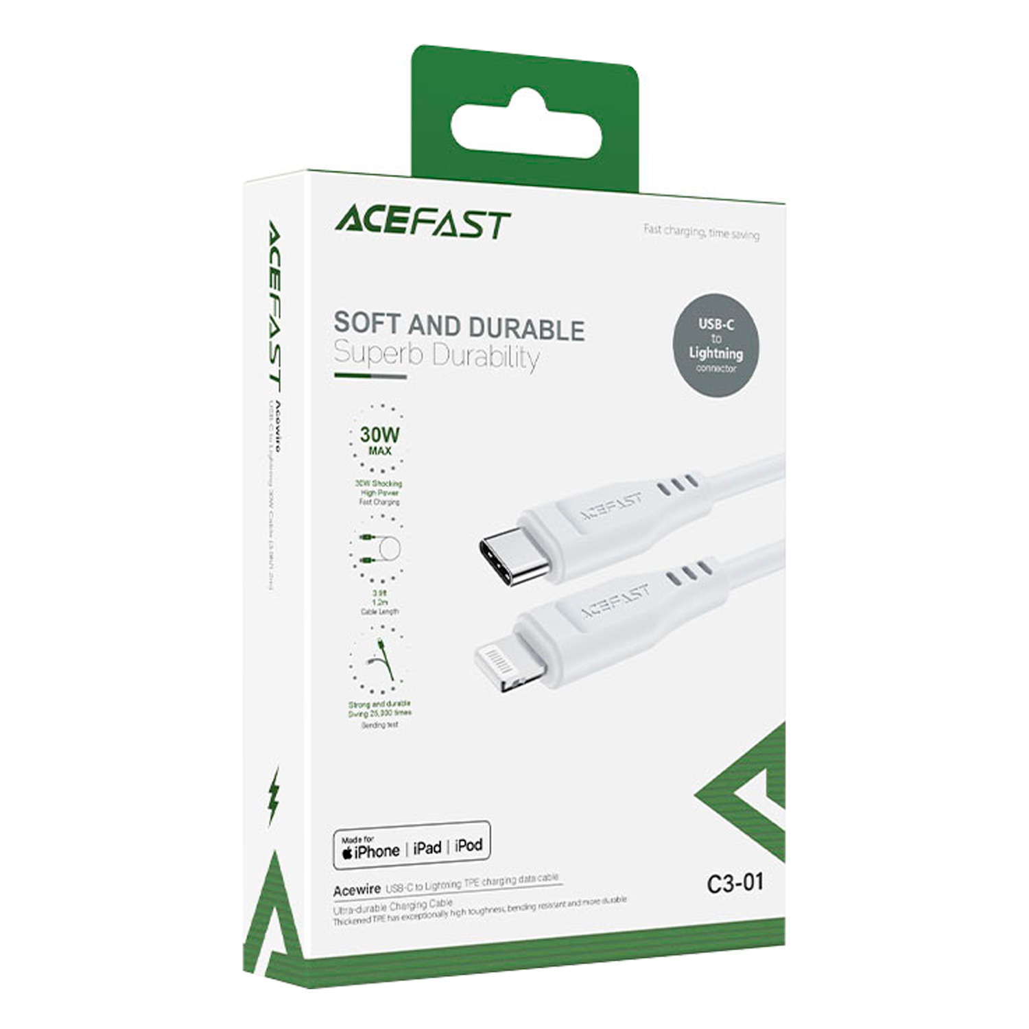 Cabo Acefast C3-01 USB-C para Lightning 30W 1.20 Metros - Branco