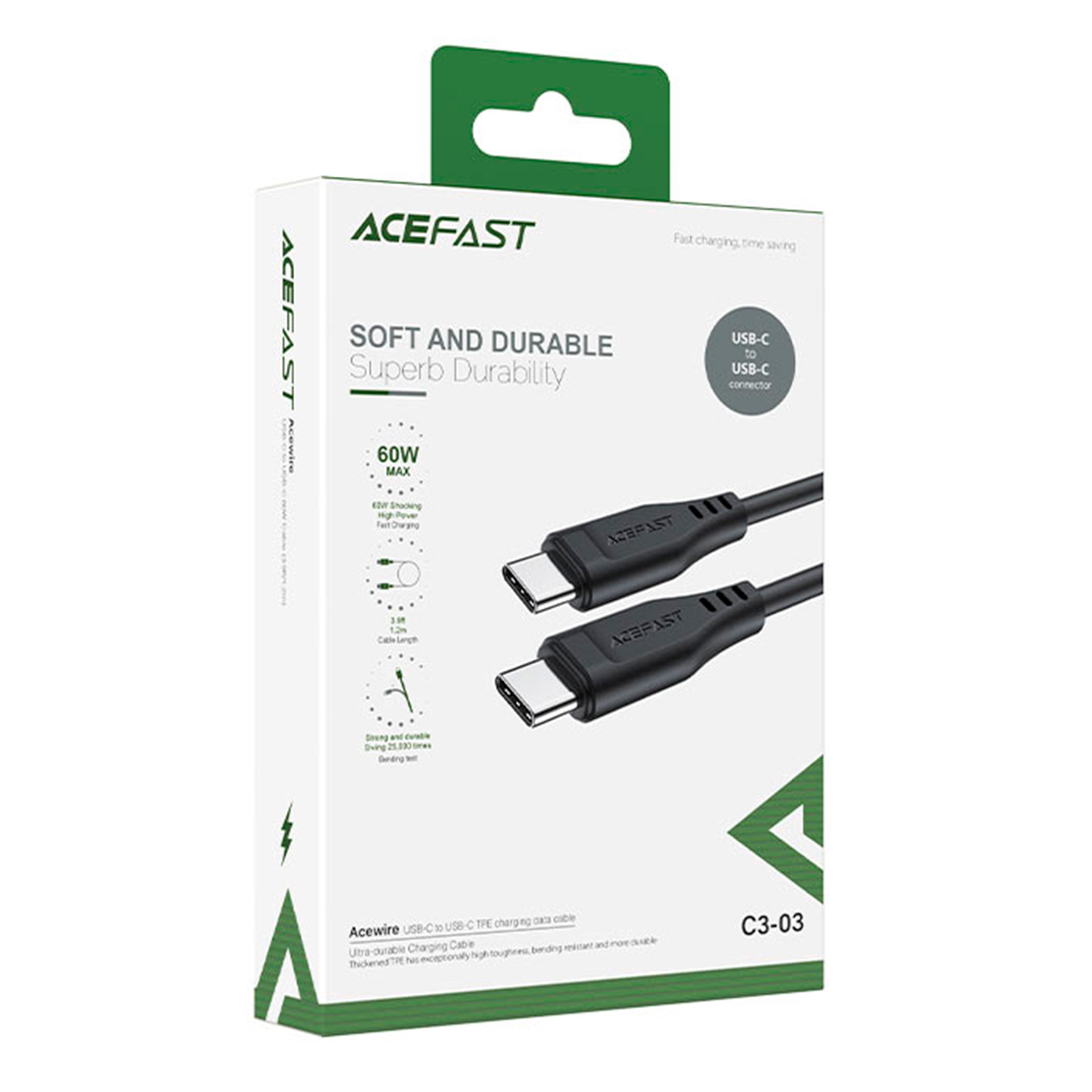 Cabo Acefast USB-C para USB-C 60W 1.20 Metros - Preto