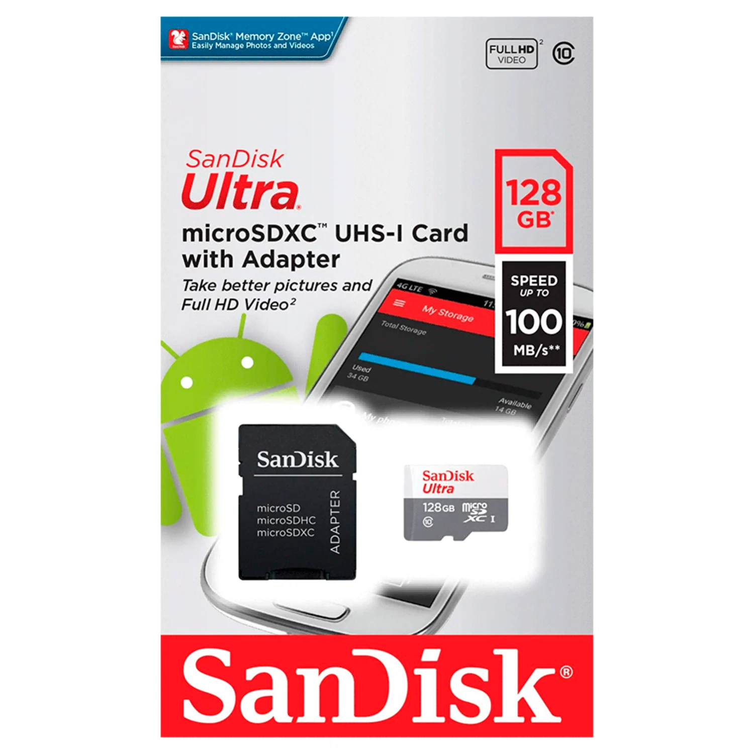 Cartão de Memória Micro SD Sandisk Ultra 2X1 C10 128GB 100MBS - (SDSQUNR-128G-GN3MA)