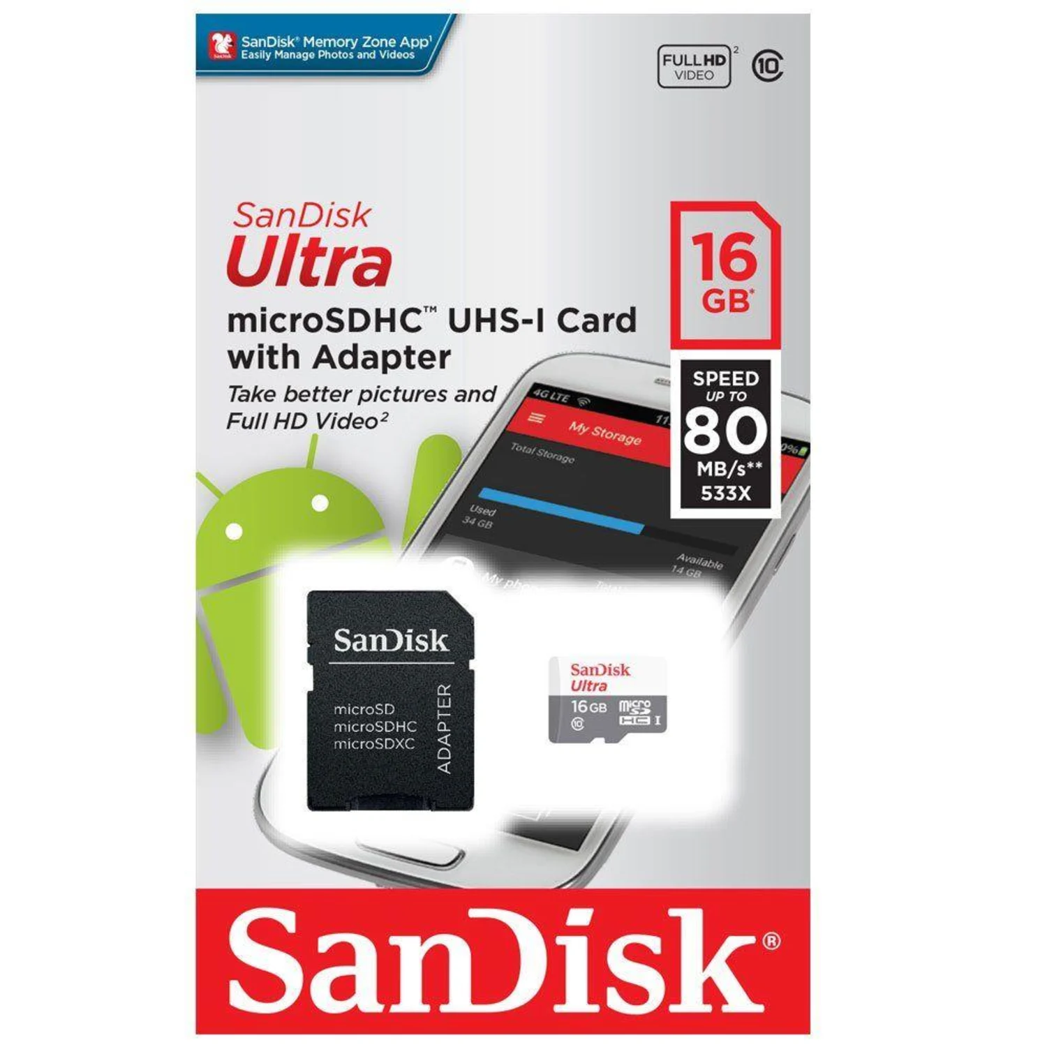 Cartão de Memória Sandisk Ultra C10 16GB/ 80mbs - (SDSQUNS-016G-GN3MA)