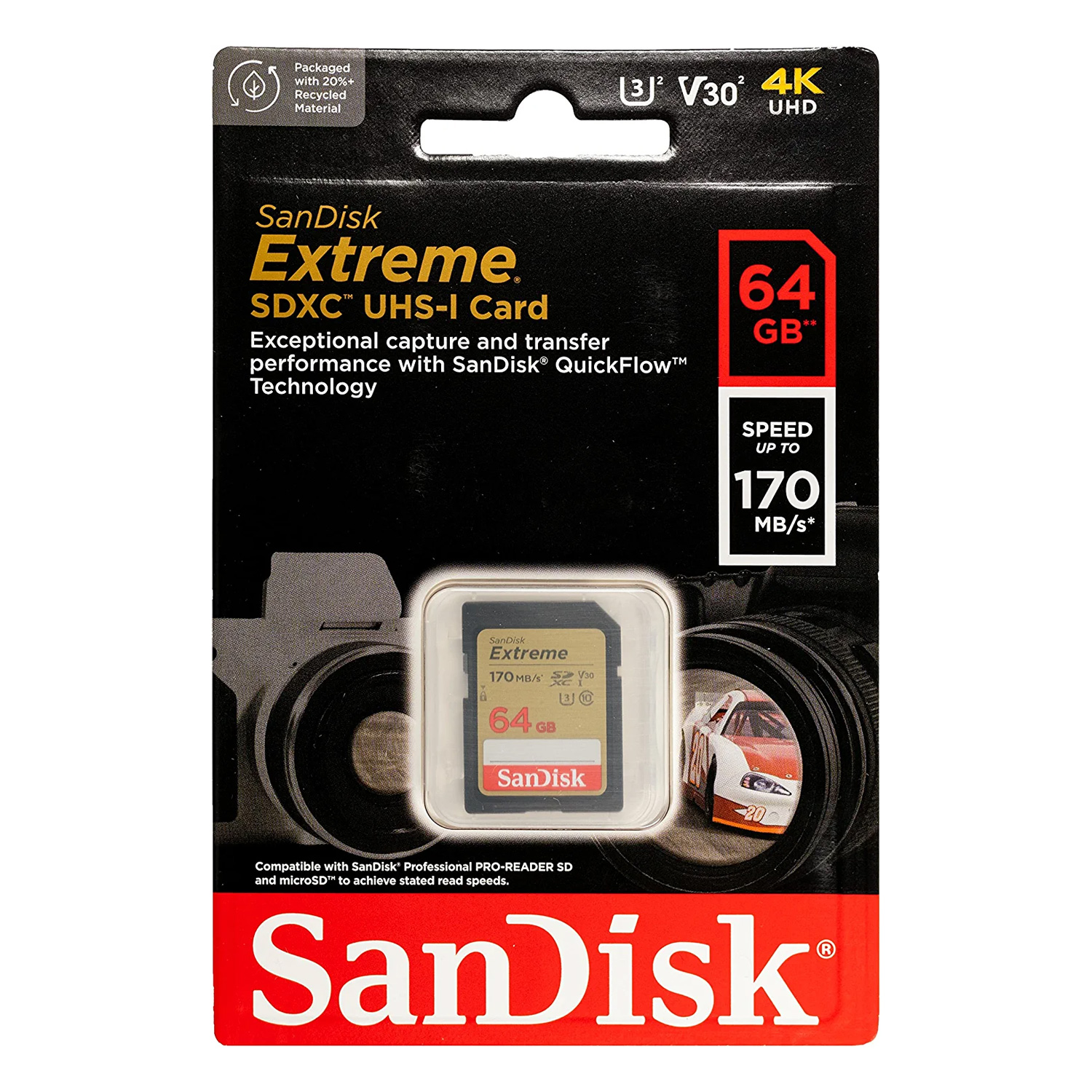 Cartão de Memória SD Sandisk Extreme 64GB / U3 / C10 / 170MBs 4K - (SDSDXV2-064G-GNCIN)
