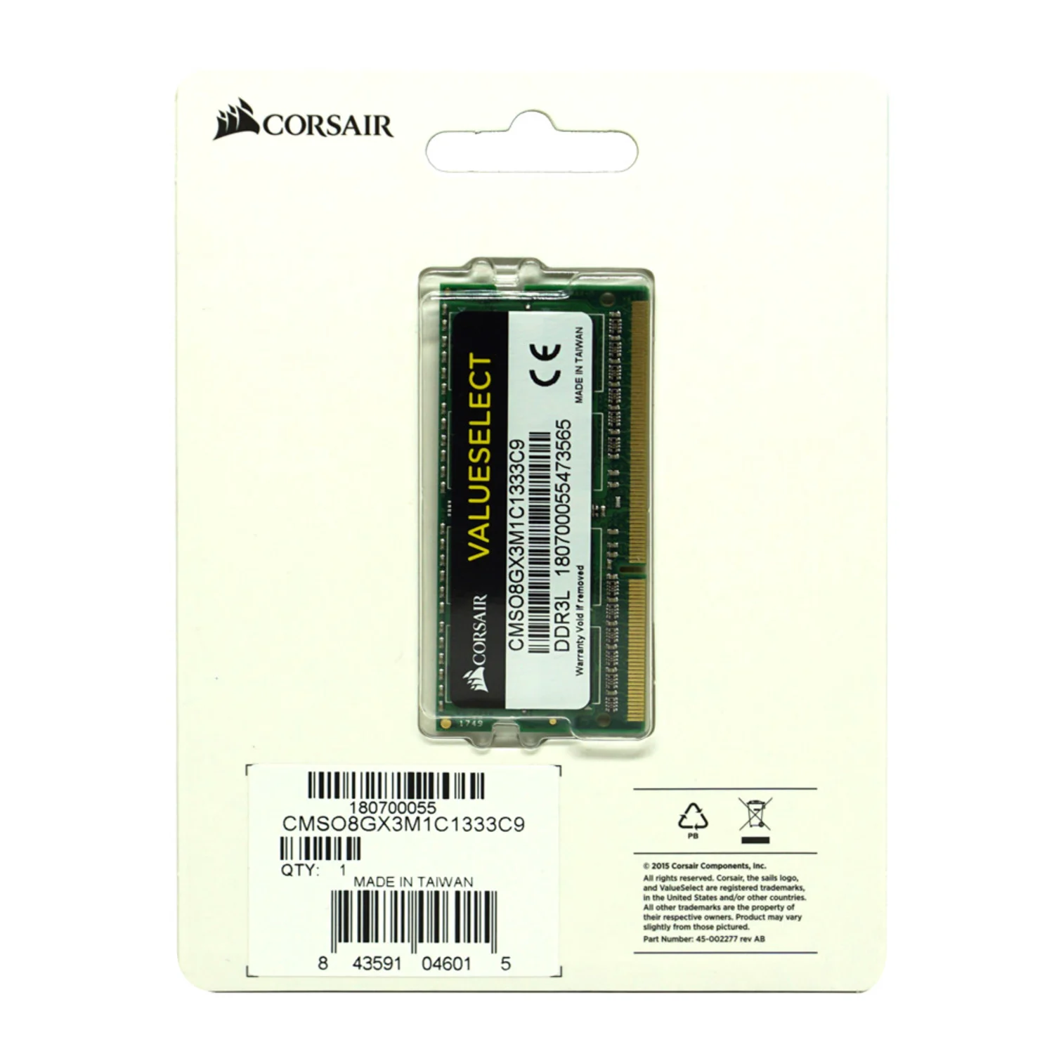 Memoria RAM para notebook Corsair ValueSelect 8GB / DRR3L / 1333mhz / 1x8GB - (CMSO8GX3M1C1333C9)