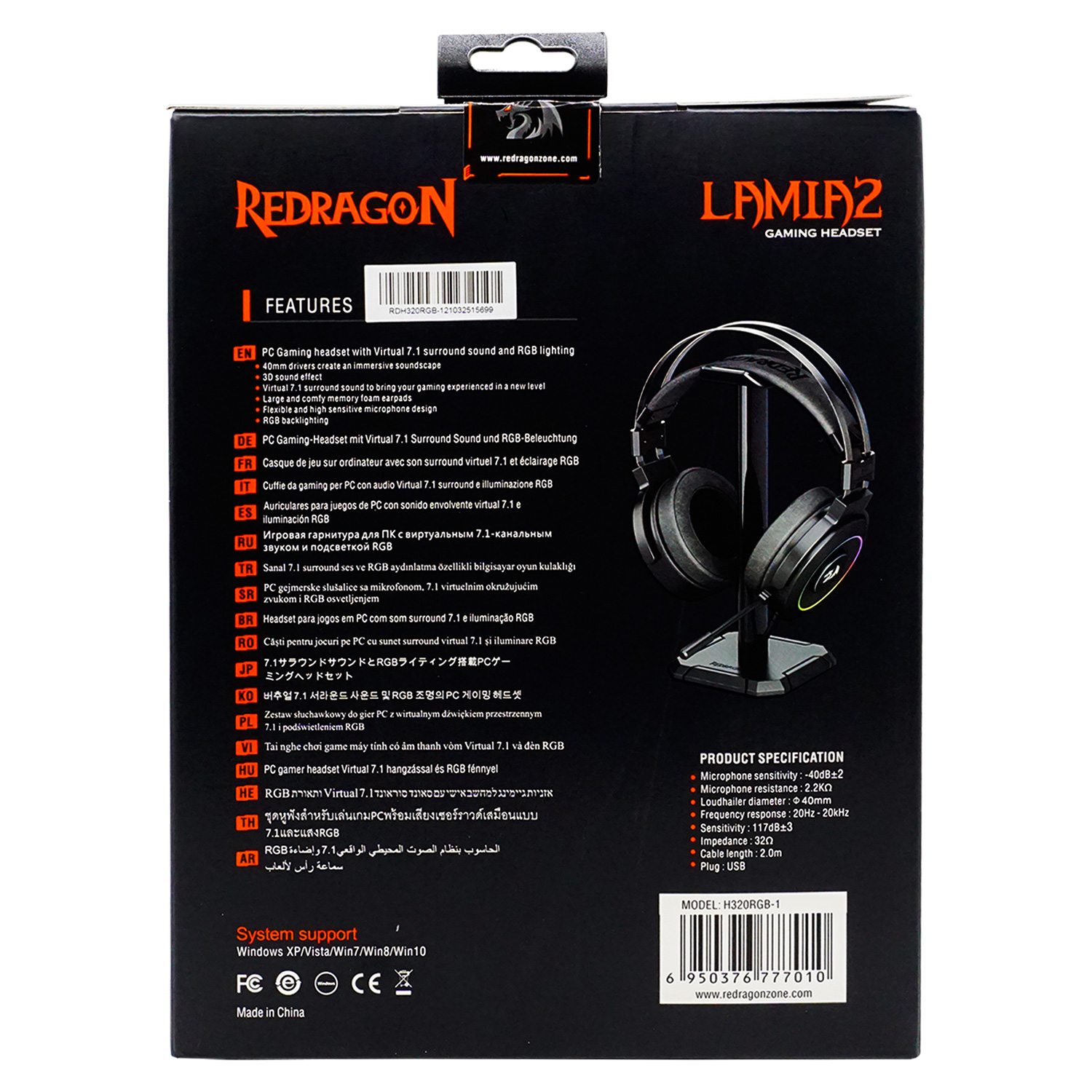 Headset Gamer Redragon Lamia H320-RGB com Suporte / 7.1 Surround - Preto