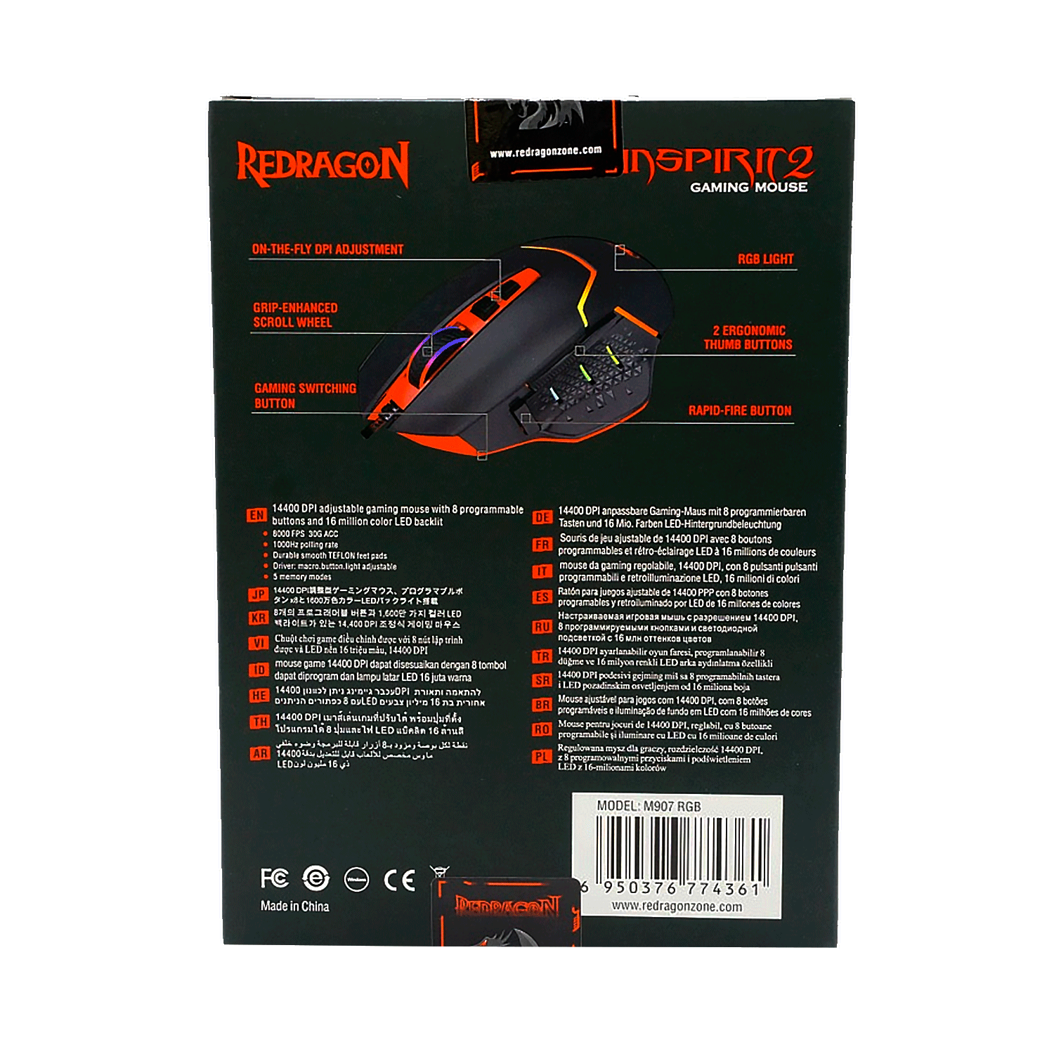Mouse Gamer Redragon M907RGB Inspirit 2 / USB / 144000 DPI - Preto