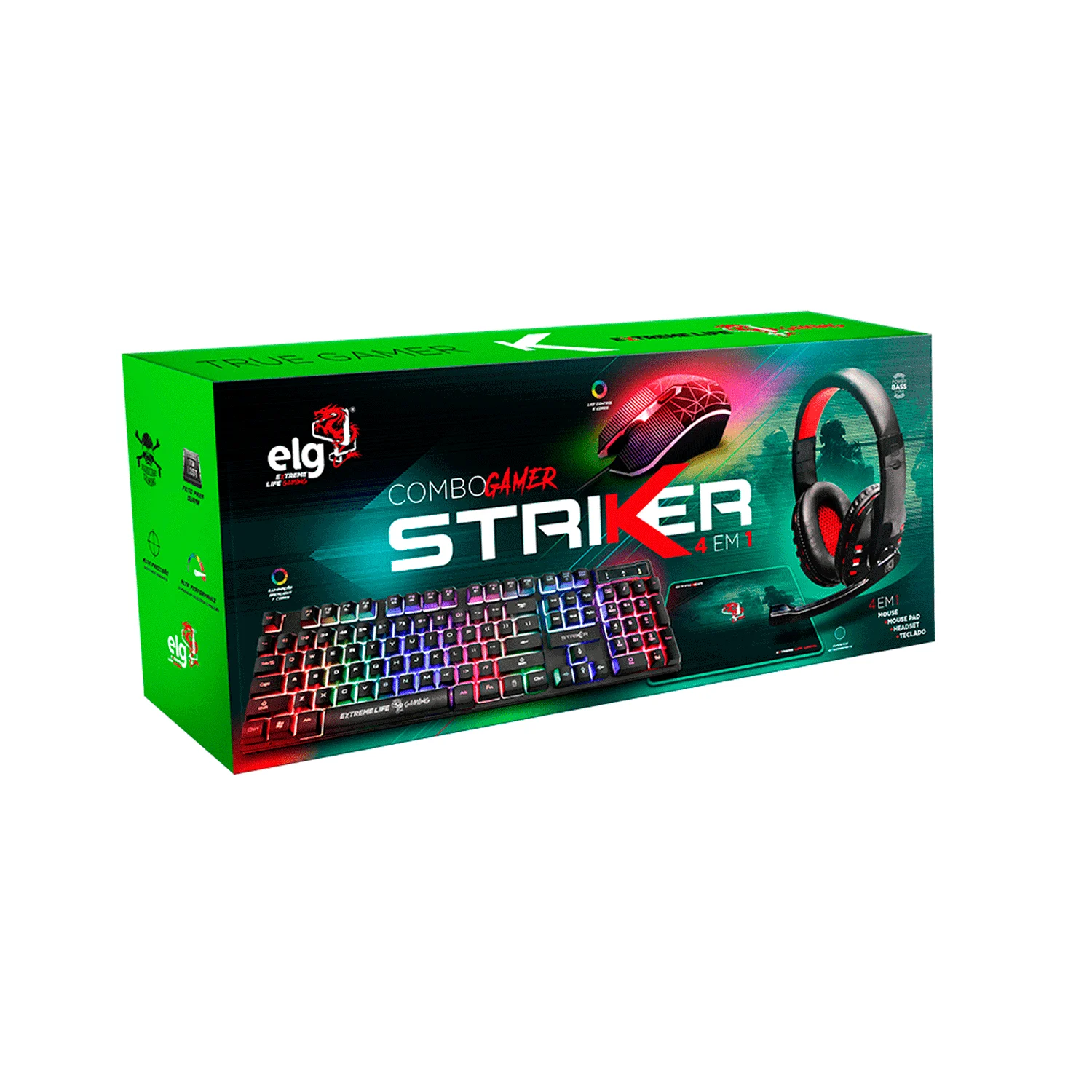 Kit Gamer ELG CGSR41 Striker Teclado/ Mouse/ Fone/ Mousepad - Preto/ Vermelho