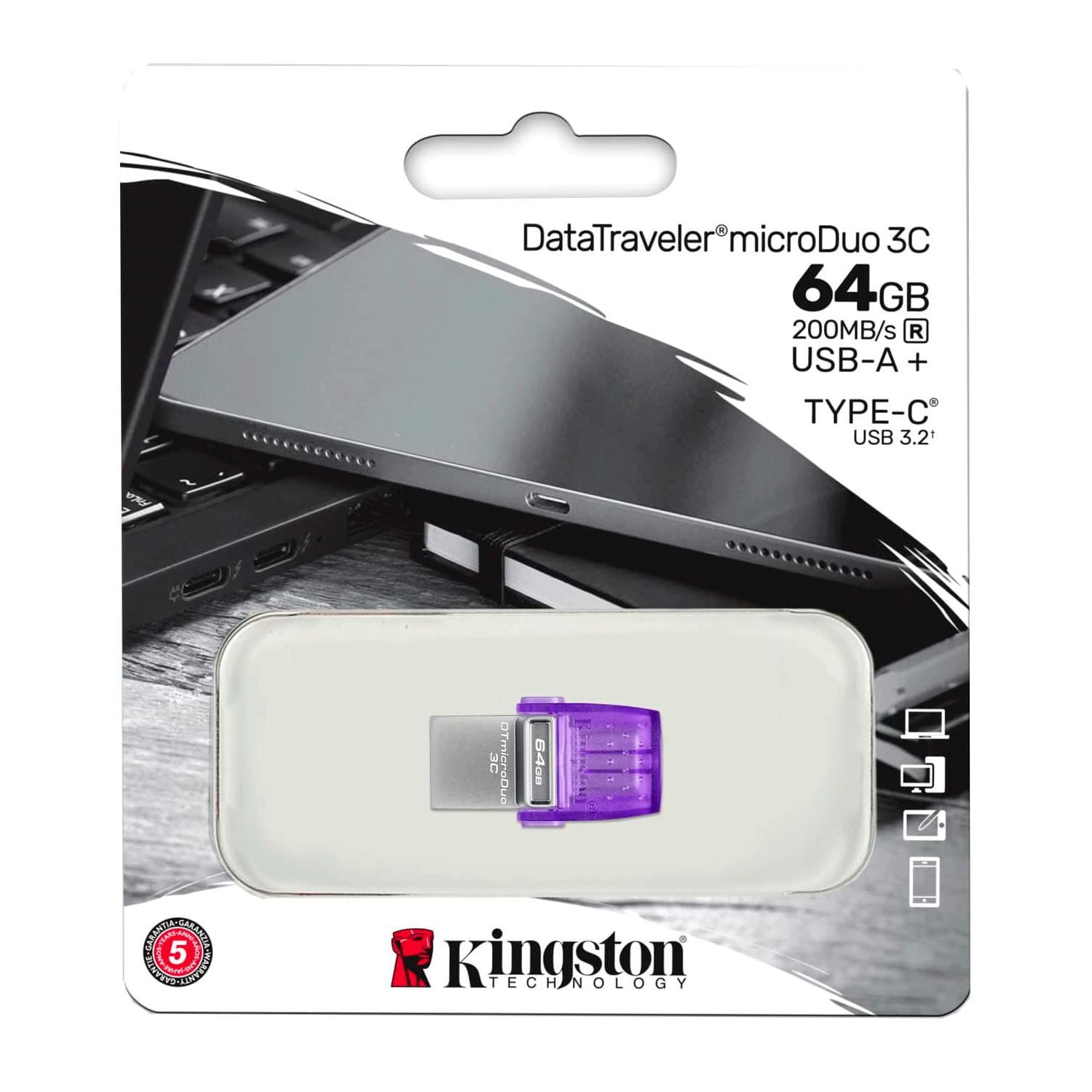 Pendrive Kingston Data Traveler MicroDuo 3C 64GB / USB-A 3.2 / Tipo-C - Roxo