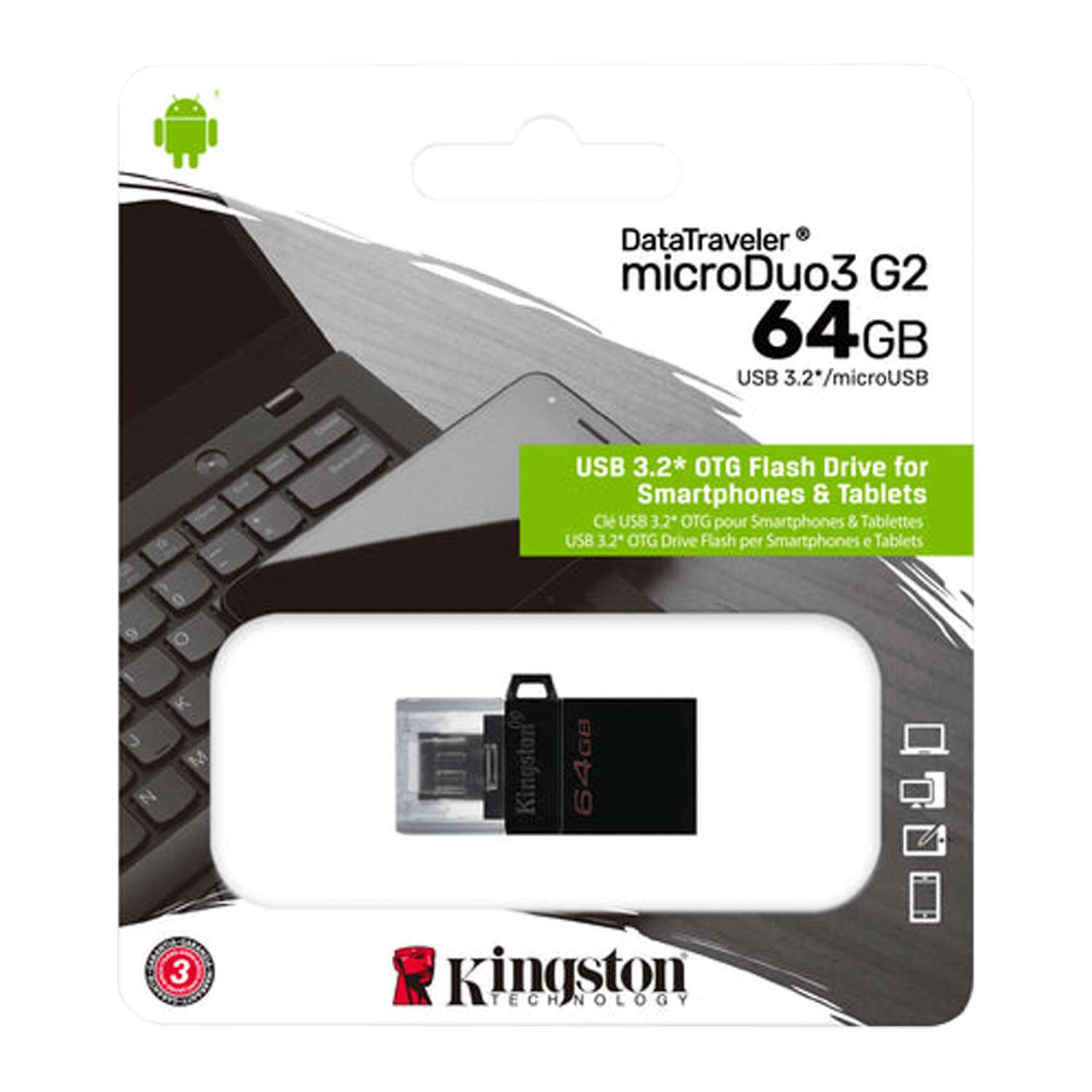 Pendrive Kingston MicroDuo 3 G2 64GB USB 3.2 - Preto DTDUO3G2/64GB