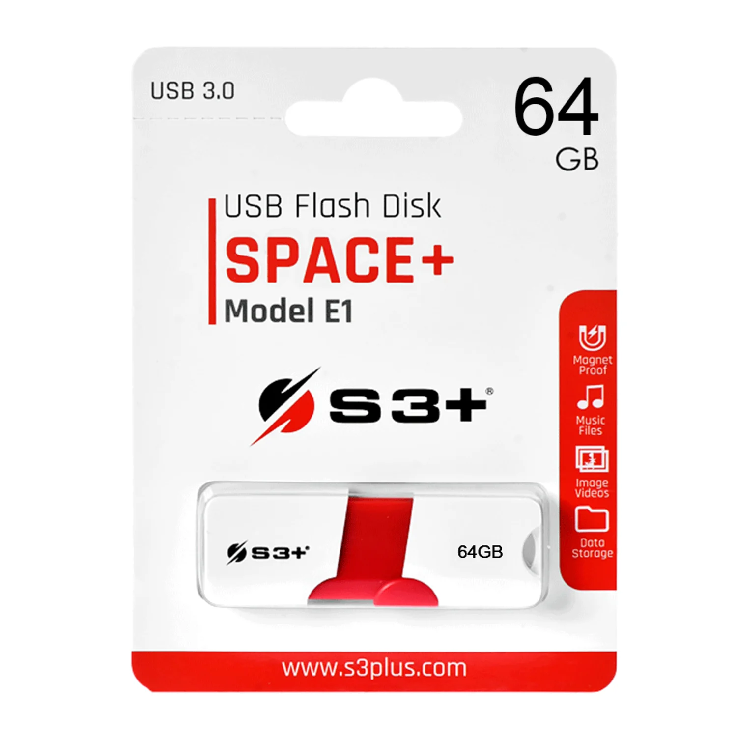 Pendrive S3+ 64GB Space+ / Modelo E1 / USB 3.0 - Branco e Vermelho (S3PD3003064BK)	