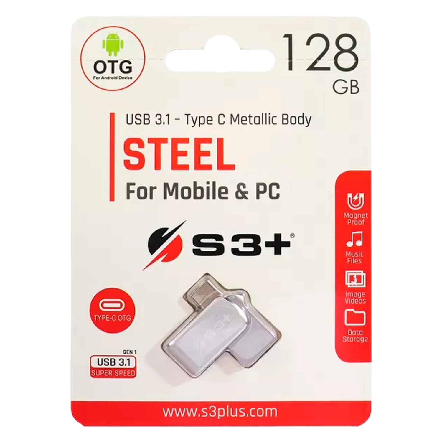 Pendrive S3+ Steel OTG 128GB USB-C e USB 3.1 - Prata (S3PD3104128AL-R)