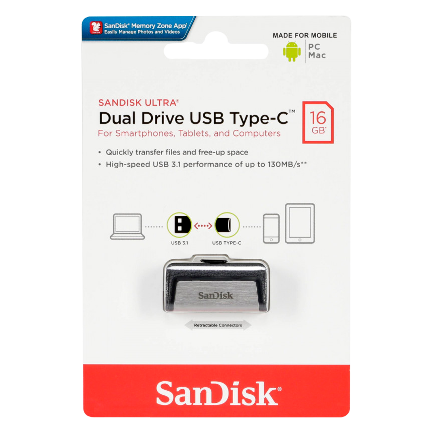 Pendrive Sandisk Ultra Dual drive 16GB / Tipo-C / USB 3.0 - Preto (SDDD2-016G-G46)	