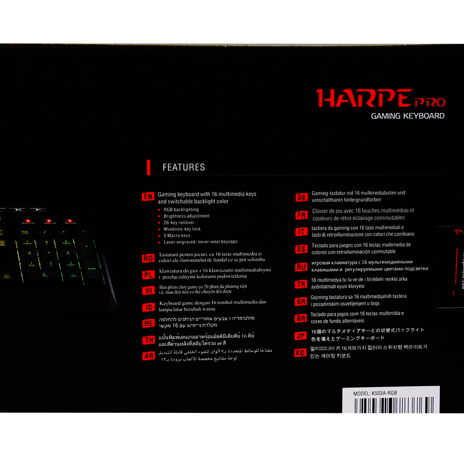 Teclado Gamer Redragon Harpe Pro K503A-RGB-US / RGB / Membrana - (USA)