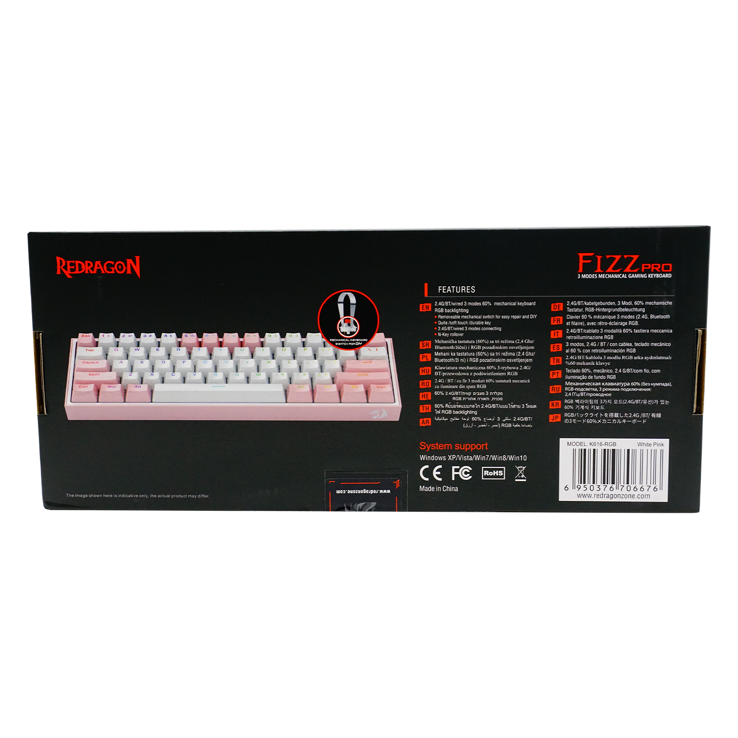 Teclado Redragon K616-RGB WP Fizz Pro - Branco e Rosa (Com cabo e Sem fio)